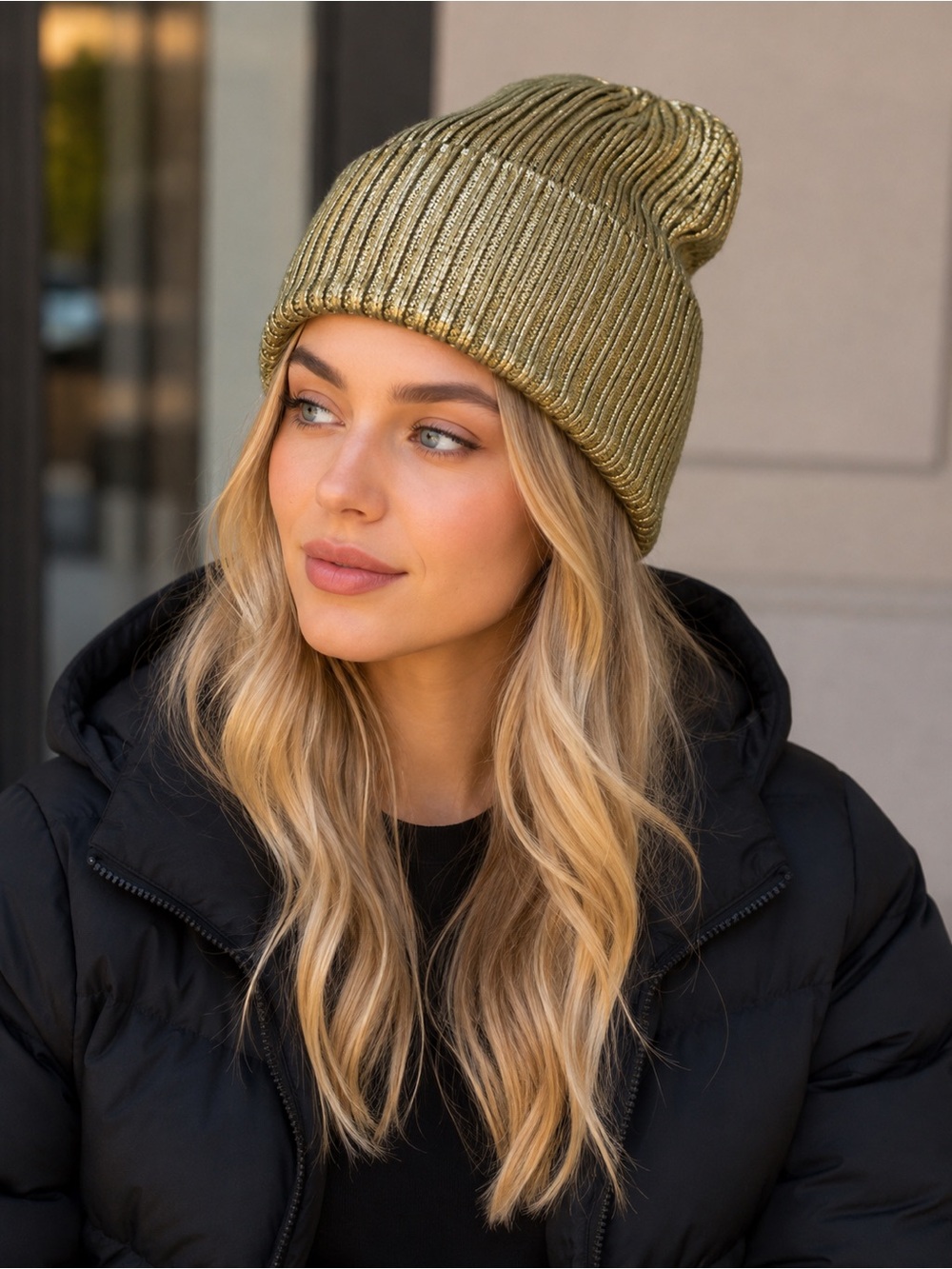 Zara Accessories Metallic Gold Ribbed Knit Beanie – Size M
